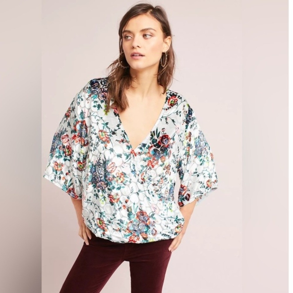 Anthropologie Maeve Umi silk blend‎ floral burnout velvet wrap top blouse Size S